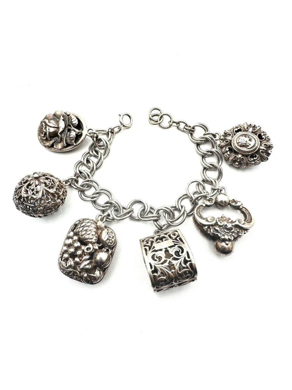 Antique Bracelet Unsigned Peruzzi Sterling Silver Charm Unique Large Charms